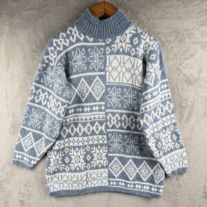 Needles & Yarn Sweater Women M Blue White Snowflake Holiday USA Made 80s 90s VTG